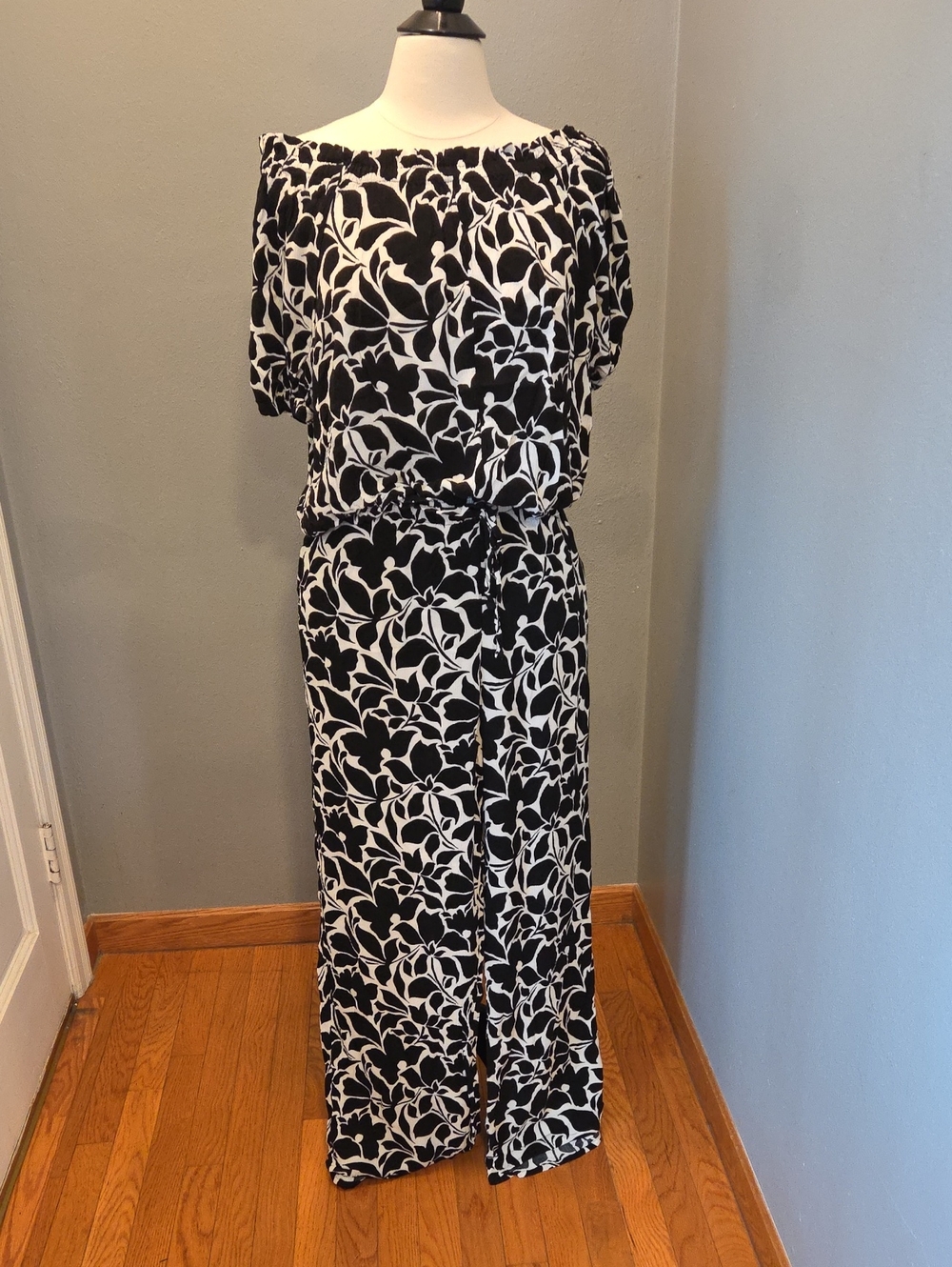 Maurices Black and White Floral Wide-Leg Jumpsuit